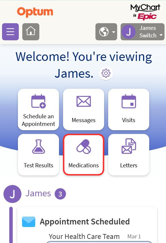Select the Medications button on your dashboard or use your menu to navigate to Medications, which will appear beneath the 'My Record' sub-heading.