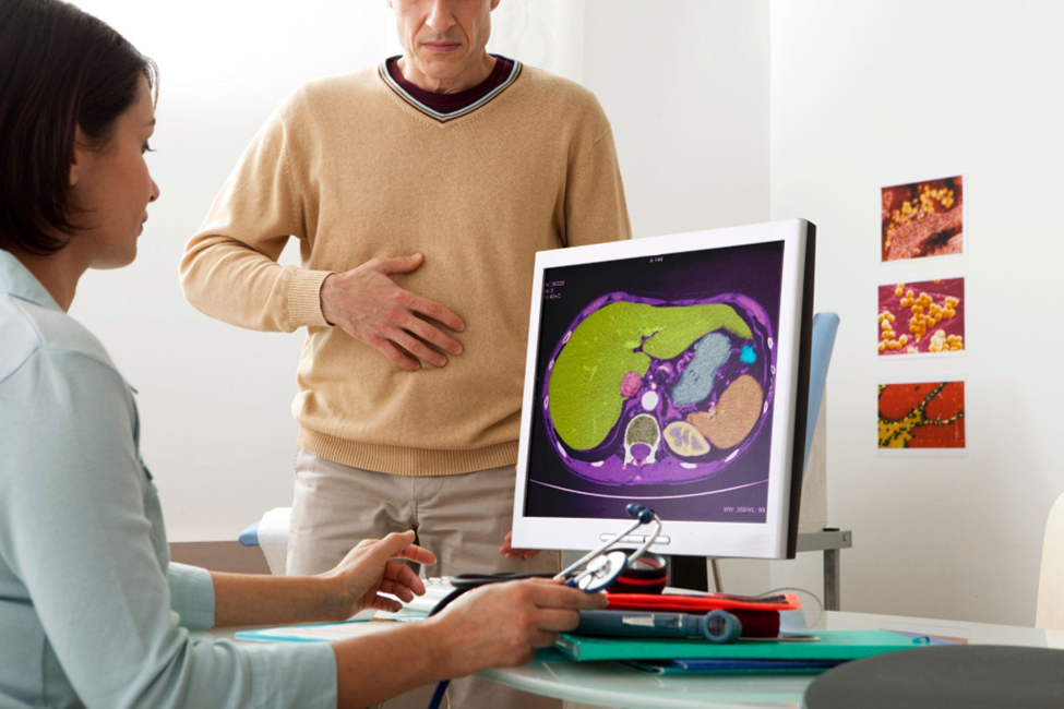 Models on screen, abdominal scanner