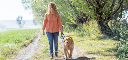 Allergy blog header image - woman walking dog in nature.