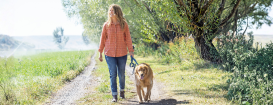 Allergy blog header image - woman walking dog in nature.